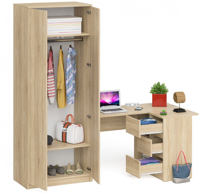 Мори компьютерный стол МС-16 правый + Шкаф МШ800.1, дуб сонома