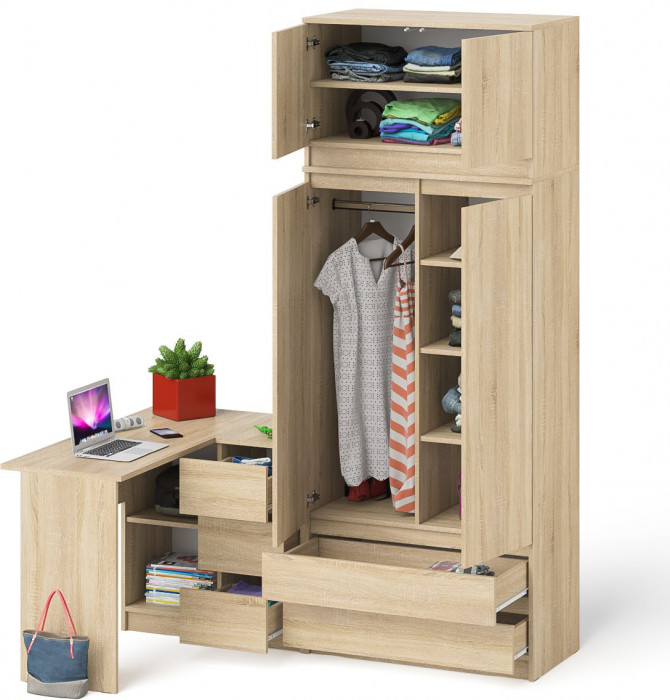 Мори Стол компьютерный МС-16 правый + Шкаф МШ900.1 + Антресоль МА900.1, цвет дуб сонома, ШхГхВ 214,8х84,9х234,2 см., выдвиж. ящики справа, НЕ ун. сб.