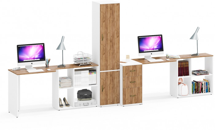 Лидер-8 Стол + Стол + Пенал МД 21Б + Тумба МД 3.16, белый шагрень/крафт золото