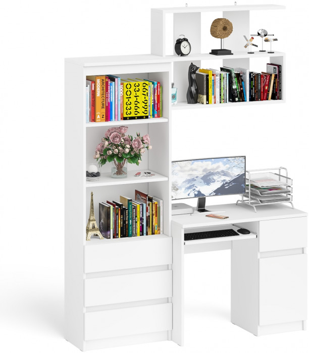Мори Стол компьютерный МС-1 правый + Стеллаж МСТ600.3 + Полка 900, цвет белый, ШхГхВ 150,4х50х209,6 см., НЕ универсальная сборка