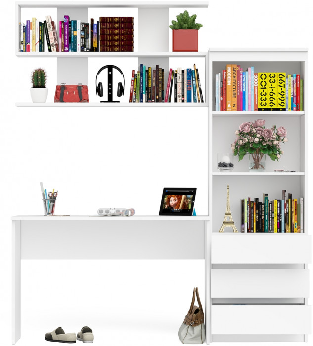 Мори письменный стол МСП1200.1 + Стеллаж МСТ600.3 + Полка 1200, белый