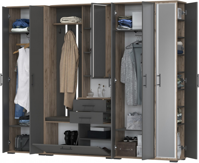 Прихожая Домино 6, цвет дуб крафт табачный/графит, ШхГхВ 248х36х202 см., универсальная сборка