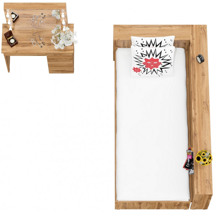 Ксения Кровать с ящиками 0900 + прикроватный блок + Столик с подсветкой Сура, дуб вотан