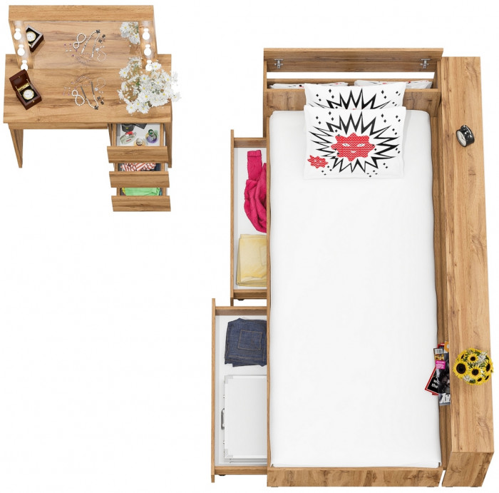 Ксения Кровать с ящиками 0900 + прикроватный блок + Столик с подсветкой Сура, дуб вотан