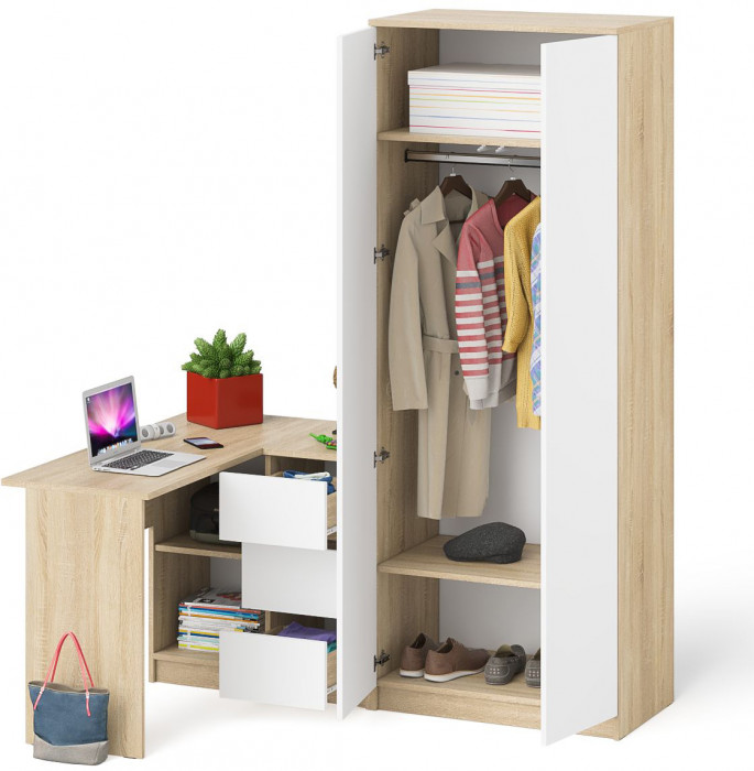 Мори компьютерный стол МС-16 правый + Шкаф МШ800.1, дуб сонома/белый