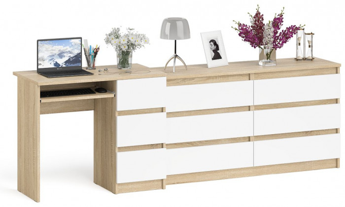 Мори компьютерный стол МС-6 правый + Комод МК1380.6, дуб сонома/белый