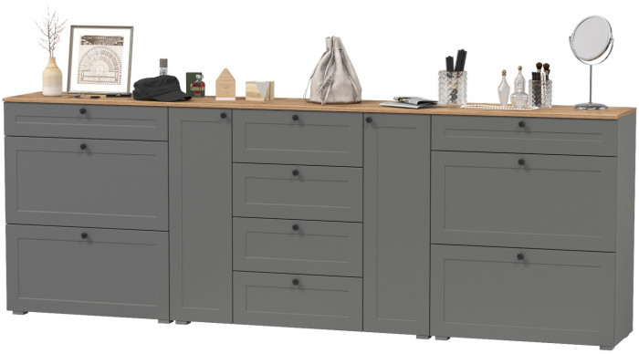 Остин 16.221 Комод + 16.121 Тумба для обуви + 16.121 Тумба для обуви, серый графит/дуб крафт золотой