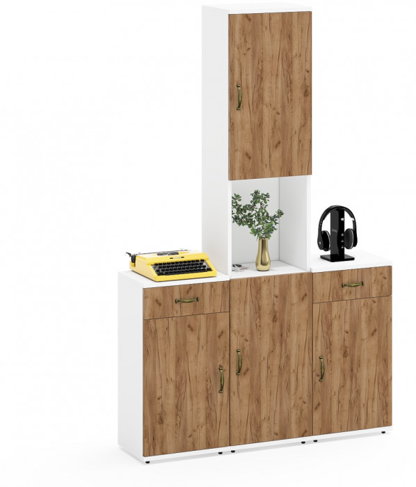 Лидер-8 Пенал + Тумба МД 3.15 + Тумба МД 3.15, белый шагрень/крафт золото