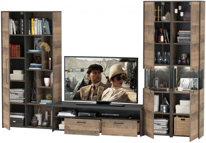 Трувор Гостиная 034, цвет дуб гранж песочный/интра, ШхГхВ 332,4х45,4х210 см., универсальная сборка