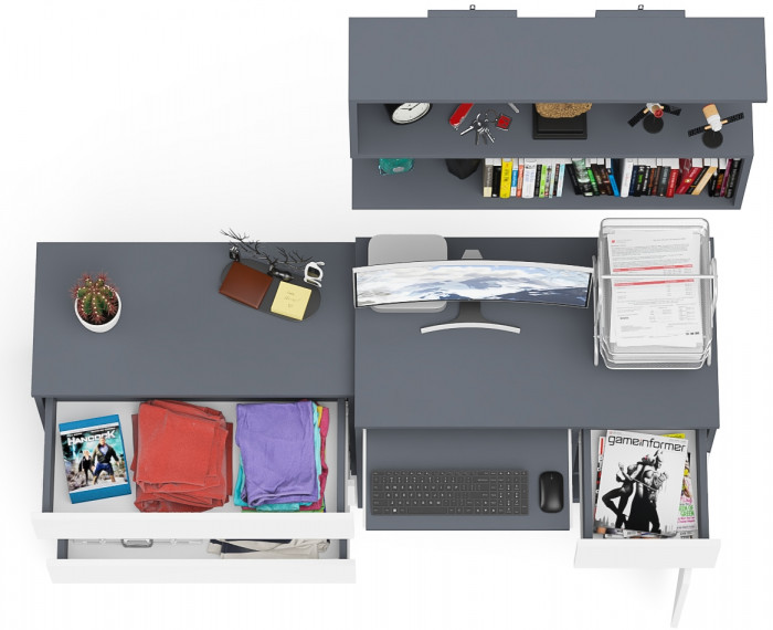 Мори компьютерный стол МС-1 правый + Комод МК800.1 + Полка 900, графит/белый