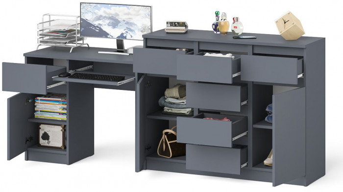 Мори Стол компьютерный МС-1 левый + Комод МК1200.4, цвет графит, ШхГхВ 210,4х50х94 см., выдвижной ящик слева, НЕ универсальная сборка