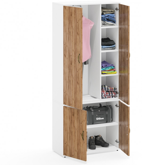 Лидер-8 Модуль Шкаф МД 20Б, цвет белый шагрень/крафт золото, ШхГхВ 80х37,5х190 см., НЕ ун. сборка, выдвижная штанга и три полки и широкая полка снизу