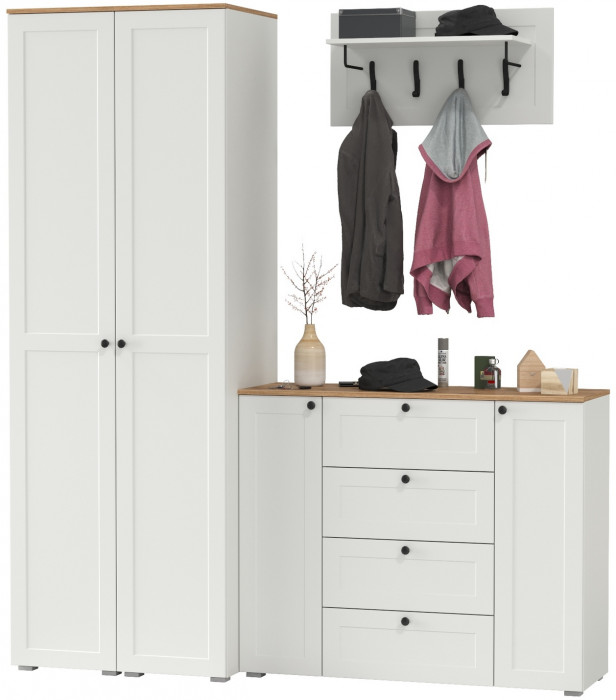 Остин Прихожая 33, цвет белый шагрень/дуб крафт золотой, ШхГхВ 200х54,3х229,6 см., универсальная сборка