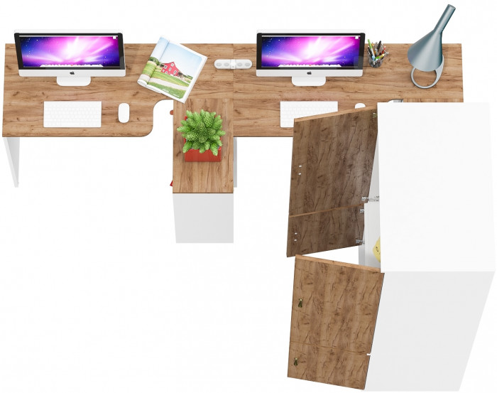 Лидер-8 Стол + Стол + Шкаф МД 19Б, белый шагрень/крафт золото