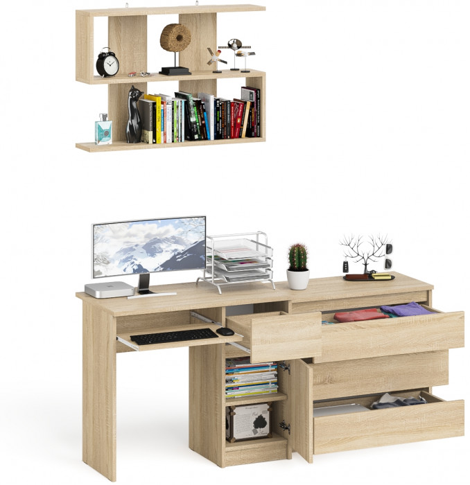 Мори компьютерный стол МС-1 правый + Комод МК800.1 + Полка 900, дуб сонома