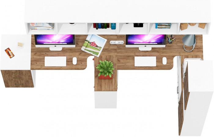 Лидер-8 Стол + Полка + Стол + Полка + Пенал + Тумба МД 3.16, цвет белый шагрень/крафт золото, 410х50/30х75/190 или 270х120/50х75/190 см., НЕ ун. сб.