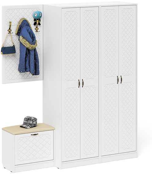 Прихожая П-6 Компоновка № 09, цвет белая шагрень/фасады МДФ белое дерево фрезеровка ромб, ШхГхВ 180х50х210 см., универсальная сборка