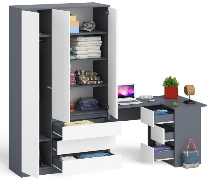 Мори Стол компьютерный МС-16 правый + Шкаф МШ1200.1, цвет графит/белый, ШхГхВ 244,8х84,9х209,6 см., выдвижные ящики справа, НЕ универсальная сборка