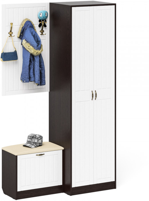 Прихожая П-6 Компоновка № 12, венге/фасады МДФ белое дерево фрезеровка прованс