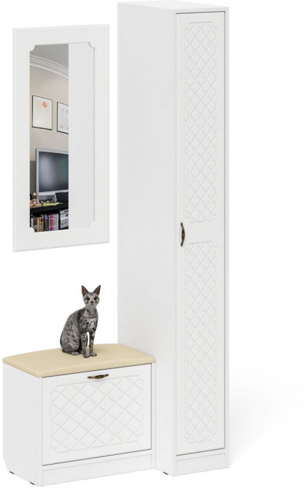 Прихожая П-6 Компоновка № 40, белая шагрень/фасады МДФ белое дерево фрезеровка ромб