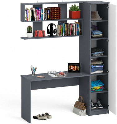 Мори Стол письменный МСП1200.1 + Пенал МШ400.1 + Полка 1200, цвет графит/белый, ШхГхВ 160,8х50,4х209,6 см., универсальная сборка