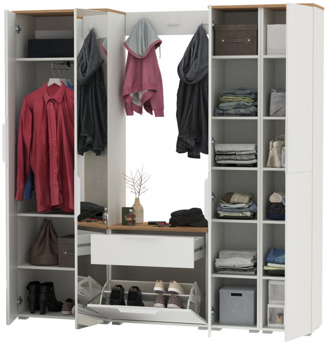 Октава Прихожая 30, цвет белый шагрень/дуб крафт золотой/фасады МДФ белый шагрень, ШхГхВ 193,7х35,4х197,6 см., универсальная сборка