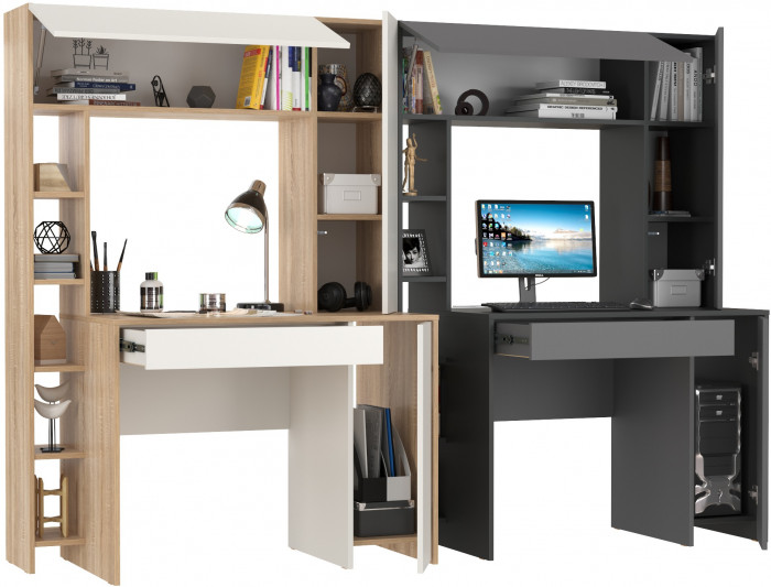 КР100 Два стола компьютерных Комфорт 12.71, цвет дуб сонома/белый/антрацит/тёмно-серый, ШхГхВ 233,4х60,2х165,4 см., НЕ универсальная сборка