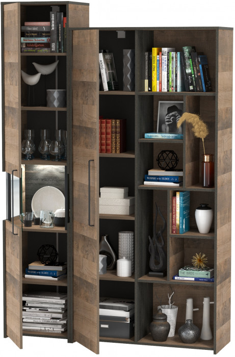 Трувор 13.205 Шкаф-пенал с витриной + 13.206 Шкаф-стеллаж, цвет дуб гранж песочный/интра, ШхГхВ 137,8х37х210 см., универсальная сборка