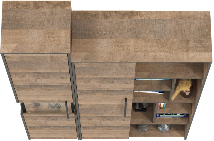 Трувор 13.205 Шкаф-пенал с витриной + 13.206 Шкаф-стеллаж, цвет дуб гранж песочный/интра, ШхГхВ 137,8х37х210 см., универсальная сборка