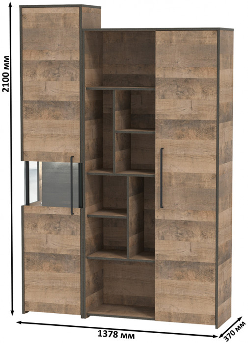 Трувор 13.205 Шкаф-пенал с витриной + 13.206 Шкаф-стеллаж, цвет дуб гранж песочный/интра, ШхГхВ 137,8х37х210 см., универсальная сборка