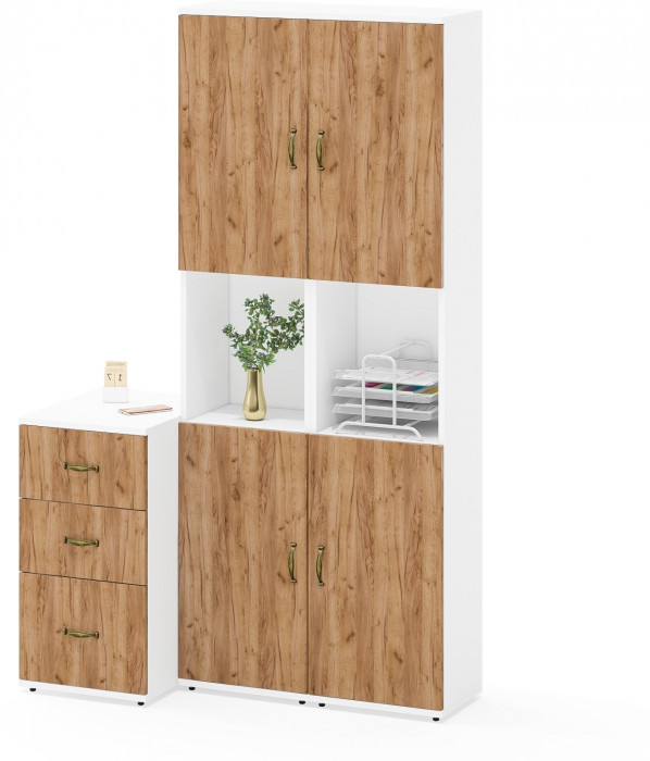 Лидер-8 Пенал + Пенал + Тумба МД 3.16, цвет белый шагрень/крафт золото, ШхГхВ 120х50х190 см., универсальная сборка