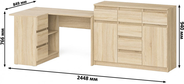 Мори Стол компьютерный МС-16 левый + Комод МК1200.4, цвет дуб сонома, ШхГхВ 244,8х84,9х94 см., выдвижные ящики слева, НЕ универсальная сборка