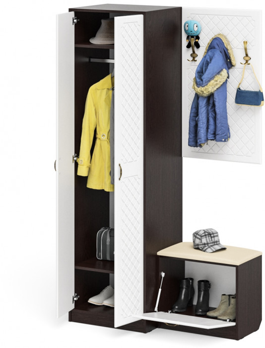 Прихожая П-6 Компоновка № 12, венге/фасады МДФ белое дерево фрезеровка ромб