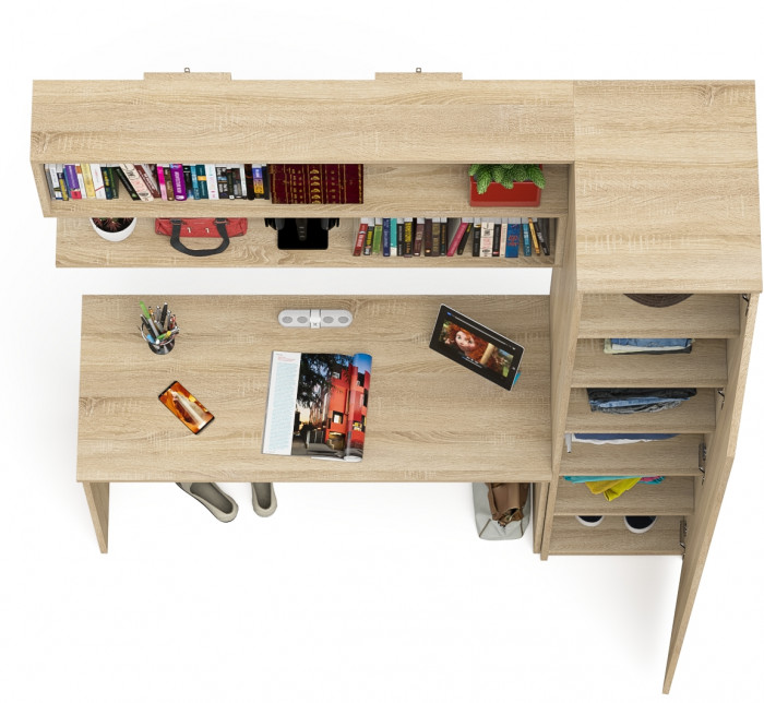Мори Стол письменный МСП1200.1 + Пенал МШ400.1 + Полка 1200, цвет дуб сонома, ШхГхВ 160,8х50,4х209,6 см., универсальная сборка