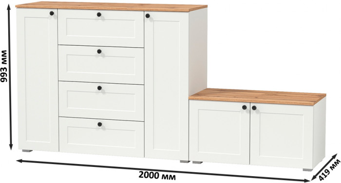 Остин 16.221 Комод + 13.257 Тумба, цвет белый шагрень/дуб крафт золотой, ШхГхВ 200х41,9х99,3 см., универсальная сборка