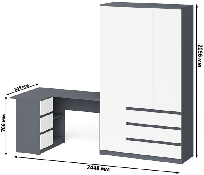 Мори компьютерный стол МС-16 левый + Шкаф МШ1200.1, графит/белый