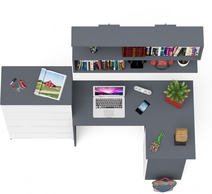 Мори компьютерный стол МС-16 правый + Комод МК700.5 + Полка 1200, графит/белый