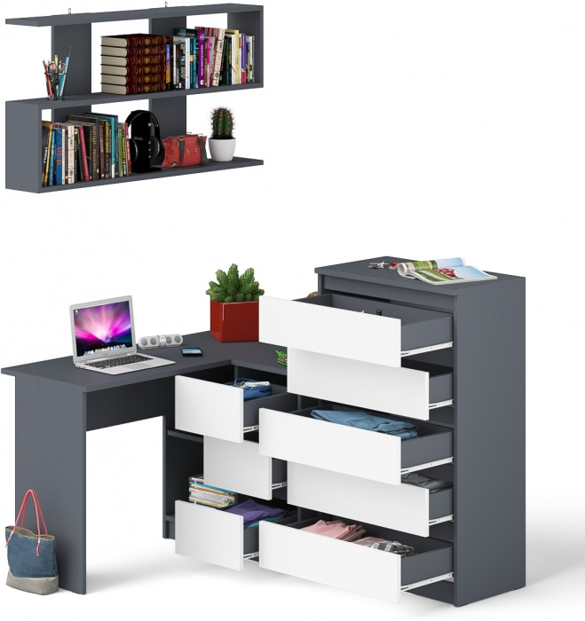 Мори компьютерный стол МС-16 правый + Комод МК700.5 + Полка 1200, графит/белый