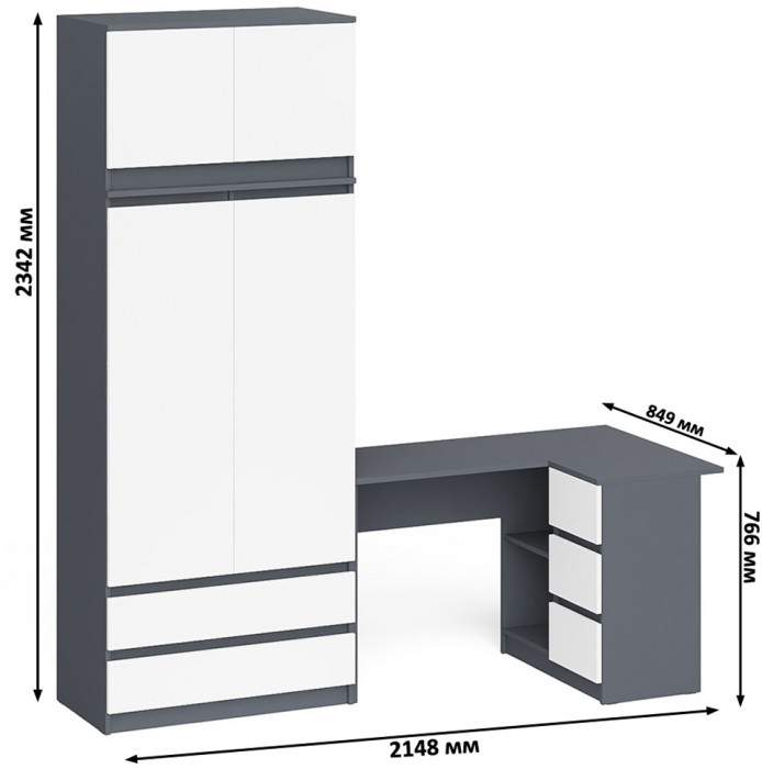 Мори компьютерный стол МС-16 правый + Шкаф МШ900.1 + Антресоль МА900.1, графит/белый