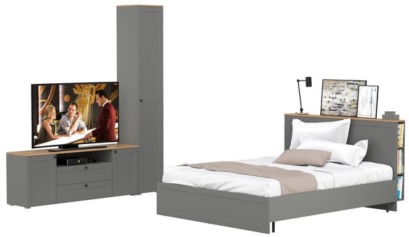 Остин 11.53 Кровать + ортопед + 13.227 Шкаф-пенал + 16.47 Тумба под ТВ, серый графит/дуб крафт золотой