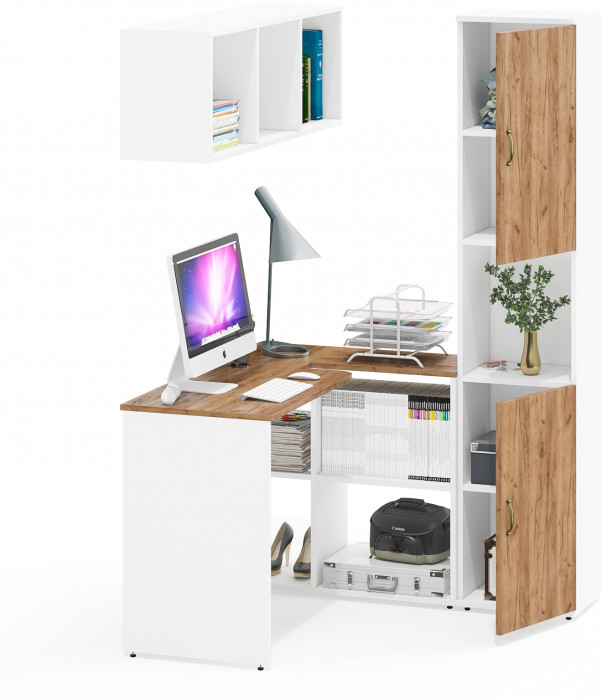 Лидер-8 Стол + Полка + Пенал, цвет белый шагрень/крафт золото, ШхГхВ 205х50/30х75/190 или 115х50/120х75/190 см., НЕ универсальная сборка