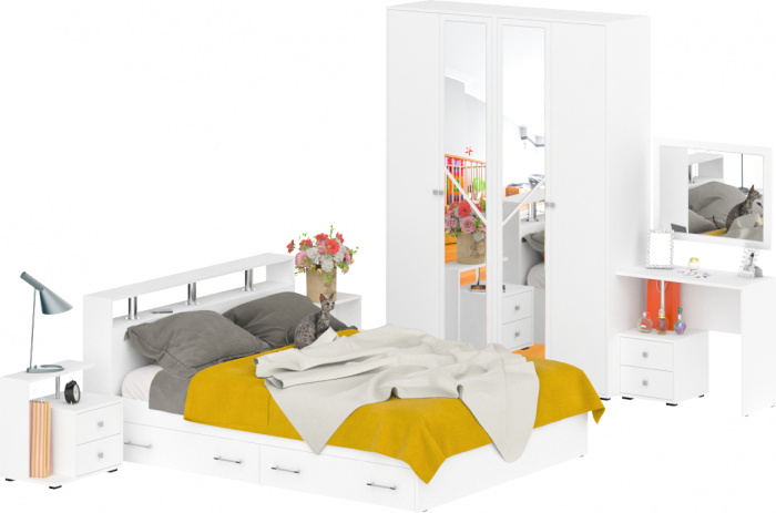 Камелия спальня № 9 Кровать с ящиками 1600 + Две тумбы + Стол косметич. + Зеркало + Шкаф 4-х, цвет белый, сп.м. 1600х2000 мм., б/м, осн. есть