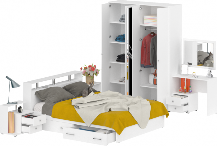 Камелия спальня № 9 Кровать с ящиками 1600 + Две тумбы + Стол косметич. + Зеркало + Шкаф 4-х, цвет белый, сп.м. 1600х2000 мм., б/м, осн. есть