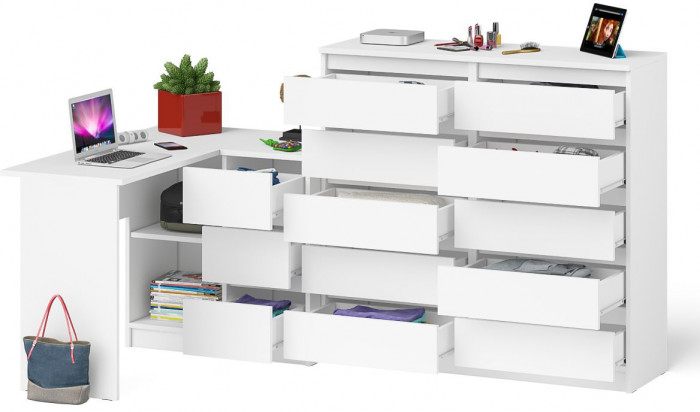 Мори компьютерный стол МС-16 правый + Комод МК1200.10, белый