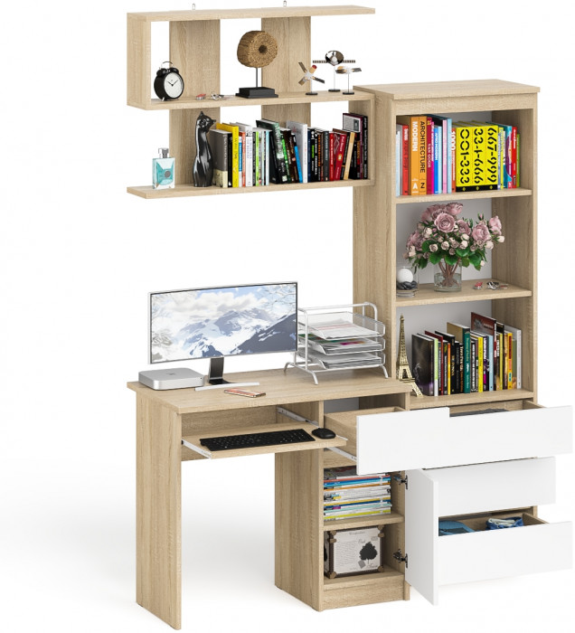 Мори Стол компьютерный МС-1 правый + Стеллаж МСТ600.3 + Полка 900, цвет дуб сонома/белый, ШхГхВ 150,4х50х209,6 см., НЕ универсальная сборка