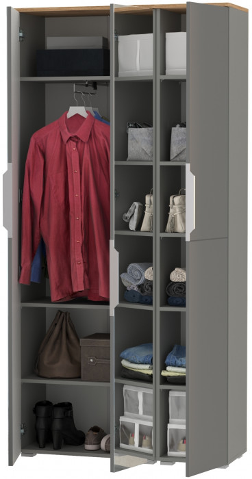 Октава 13.338 Шкаф для одежды + 13.228 Пенал, цвет серый графит/дуб крафт золотой/фасады МДФ серый графит и зеркало, ШхГхВ 96,4х35,3х197,6 см, ун. сб.