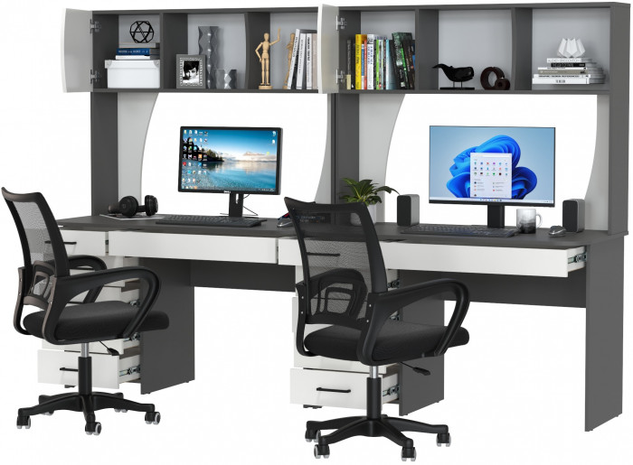 Два стола рабочих 6-0606 Сигма + два кресла 103 чёрных, графит/белый