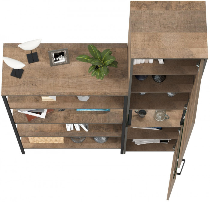 Трувор 13.151.01 Стеллаж + 13.205 Шкаф-пенал с витриной, дуб гранж песочный/интра