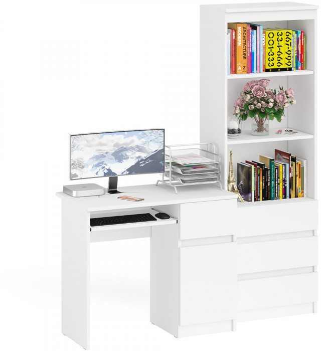 Мори Стол компьютерный МС-1 правый + Стеллаж МСТ600.3, цвет белый, ШхГхВ 150,4х50х179,6 см., выдвижной ящик справа, НЕ универсальная сборка