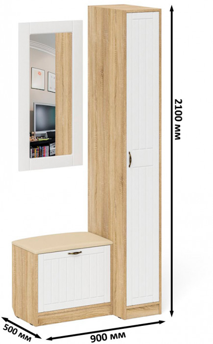 Прихожая П-6 Компоновка № 40, дуб сонома/фасады МДФ белое дерево фрезеровка прованс